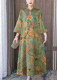 Momentlover Boutique Green Print Chinese Button Silk Long Dress Bracelet Sleeve LY1696