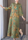 Momentlover Boutique Green Print Chinese Button Silk Long Dress Bracelet Sleeve LY1696
