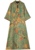 Momentlover Boutique Green Print Chinese Button Silk Long Dress Bracelet Sleeve LY1696