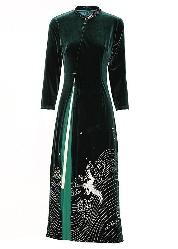 Momentlover Boutique Green Tasseled Embroideried Patchwork Velour Dresses Spring LY1722