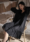 Momentlover Brief Black Peter Pan Collar Patchwork Ice Silk Maxi Dress Spring LY1999