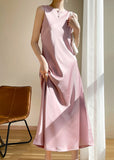 Momentlover Brief Pink O-Neck Solid Silk Vacation Maxi Dresses Sleeveless LY1774