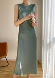 Momentlover Brief Pink O-Neck Solid Silk Vacation Maxi Dresses Sleeveless LY1774