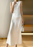 Momentlover Brief Pink O-Neck Solid Silk Vacation Maxi Dresses Sleeveless LY1774