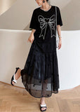 Momentlover Casual Black O-Neck Bow Tulle Patchwork Cotton Maxi Dresses Summer LY1767
