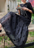 Momentlover Casual Black O-Neck Bow Tulle Patchwork Cotton Maxi Dresses Summer LY1767