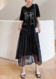 Momentlover Casual Black O-Neck Bow Tulle Patchwork Cotton Maxi Dresses Summer LY1767