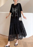 Momentlover Casual Black O-Neck Bow Tulle Patchwork Cotton Maxi Dresses Summer LY1767