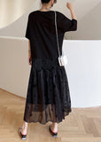 Momentlover Casual Black O-Neck Bow Tulle Patchwork Cotton Maxi Dresses Summer LY1767