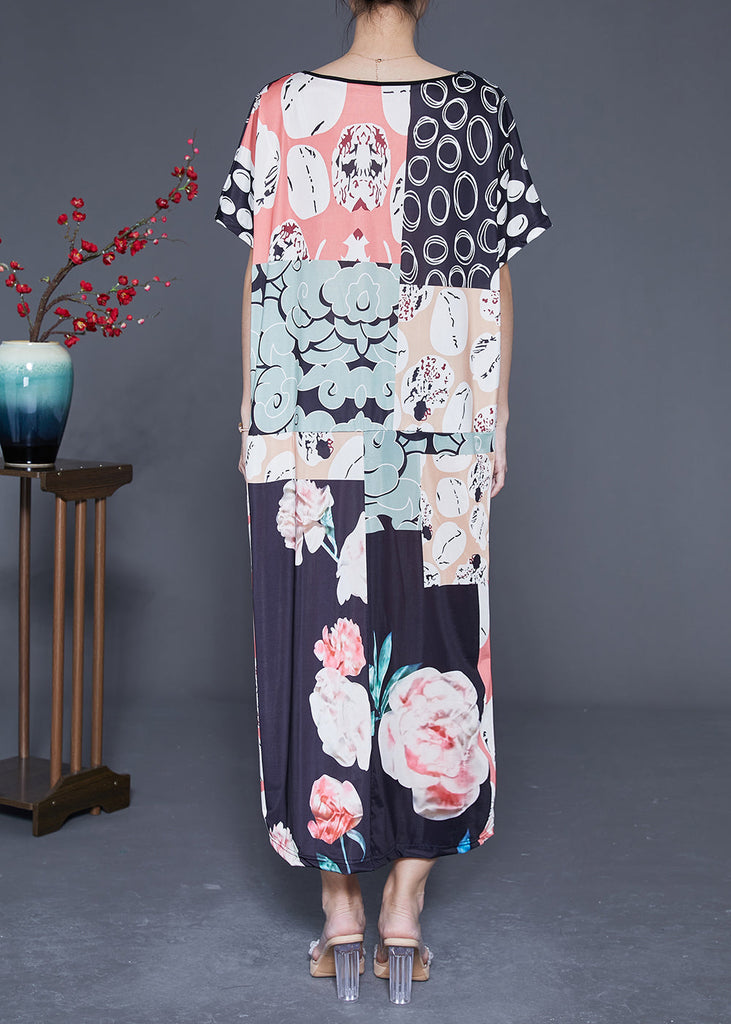 Momentlover Casual Colorblock V Neck Print Silk Vacation Dresses Summer LY1949