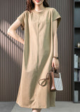 Momentlover Casual Khaki O-Neck Embroideried Cozy Cotton Maxi Dresses Short Sleeve LY1759