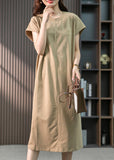 Momentlover Casual Khaki O-Neck Embroideried Cozy Cotton Maxi Dresses Short Sleeve LY1759
