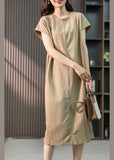 Momentlover Casual Khaki O-Neck Embroideried Cozy Cotton Maxi Dresses Short Sleeve LY1759