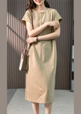 Momentlover Casual Khaki O-Neck Embroideried Cozy Cotton Maxi Dresses Short Sleeve LY1759