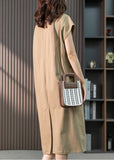 Momentlover Casual Khaki O-Neck Embroideried Cozy Cotton Maxi Dresses Short Sleeve LY1759