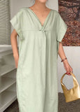 Momentlover Casual Light Green V Neck Wrinkled Patchwork Cotton Dresses Summer LY1777