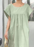 Momentlover Casual Light Green V Neck Wrinkled Patchwork Cotton Dresses Summer LY1777