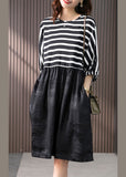 Momentlover Casual O-Neck Striped Patchwork Silk Maxi Dresses Spring LY1762