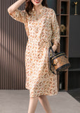 Momentlover Casual V Neck Print Tie Waist Linen Long Dress Spring LY1774