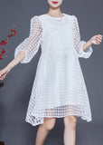 Momentlover Casual White Hollow Out Exra Large Hem Tulle Maxi Dress Puff Sleeve LY1944