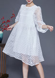 Momentlover Casual White Hollow Out Exra Large Hem Tulle Maxi Dress Puff Sleeve LY1944