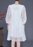 Momentlover Casual White Hollow Out Exra Large Hem Tulle Maxi Dress Puff Sleeve LY1944