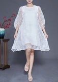 Momentlover Casual White Hollow Out Exra Large Hem Tulle Maxi Dress Puff Sleeve LY1944