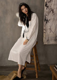 Momentlover Casual White O-Neck Print Side Open Cotton Long Dress Spring LY1999