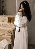 Momentlover Casual White O-Neck Print Side Open Cotton Long Dress Spring LY1999