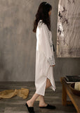 Momentlover Casual White O-Neck Print Side Open Cotton Long Dress Spring LY1999