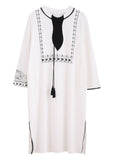Momentlover Casual White O-Neck Print Side Open Cotton Long Dress Spring LY1999