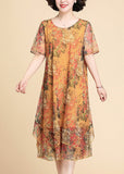 Momentlover Casual Yellow Print Chiffon Maxi Dress Summer LY1794