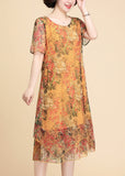 Momentlover Casual Yellow Print Chiffon Maxi Dress Summer LY1794