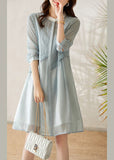 Momentlover Chic Blue O-Neck Striped Patchwork Fake Two Pieces Button Long Dress Summer LY1757