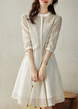 Momentlover Chic Blue O-Neck Striped Patchwork Fake Two Pieces Button Long Dress Summer LY1757