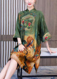 Momentlover Chic Green Print Chinese Style Silk A Line Dresses Spring LY1727