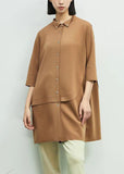 Momentlover Chic Khaki Peter Pan Collar Asymmetrical Patchwork Cotton Dresses Spring LY1455