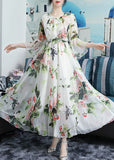 Momentlover Chic White O-Neck Bow Print Ruffled Chiffon Long Beach Dresses Long Sleeve LY1777