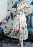 Momentlover Chic White O-Neck Bow Print Ruffled Chiffon Long Beach Dresses Long Sleeve LY1777