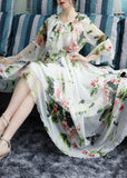 Momentlover Chic White O-Neck Bow Print Ruffled Chiffon Long Beach Dresses Long Sleeve LY1777