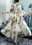 Momentlover Chic White O-Neck Bow Print Ruffled Chiffon Long Beach Dresses Long Sleeve LY1777
