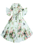 Momentlover Chic White O-Neck Bow Print Ruffled Chiffon Long Beach Dresses Long Sleeve LY1777