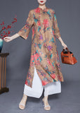 Momentlover Chinese Style Khaki Print Side Open Silk Dresses Bracelet Sleeve LY1777