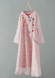 Momentlover Chinese Style Pink Embroideried Patchwork Chiffon Dress Spring LY1725