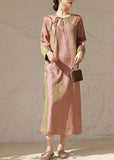 Momentlover Chinese Style Pink O Neck Tasseled Patchwork Print Silk Dresses Spring LY1715