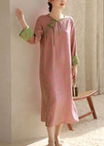 Momentlover Chinese Style Pink O Neck Tasseled Patchwork Print Silk Dresses Spring LY1715