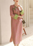 Momentlover Chinese Style Pink O Neck Tasseled Patchwork Print Silk Dresses Spring LY1715