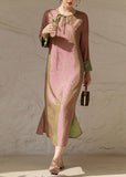 Momentlover Chinese Style Pink O Neck Tasseled Patchwork Print Silk Dresses Spring LY1715