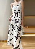 Momentlover Classy Black V Neck Dot Print Silk Maxi Slip Dress Summer LY1727