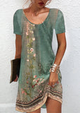 Momentlover Classy Green O-Neck Print Mid Dress Short Sleeve LY1967